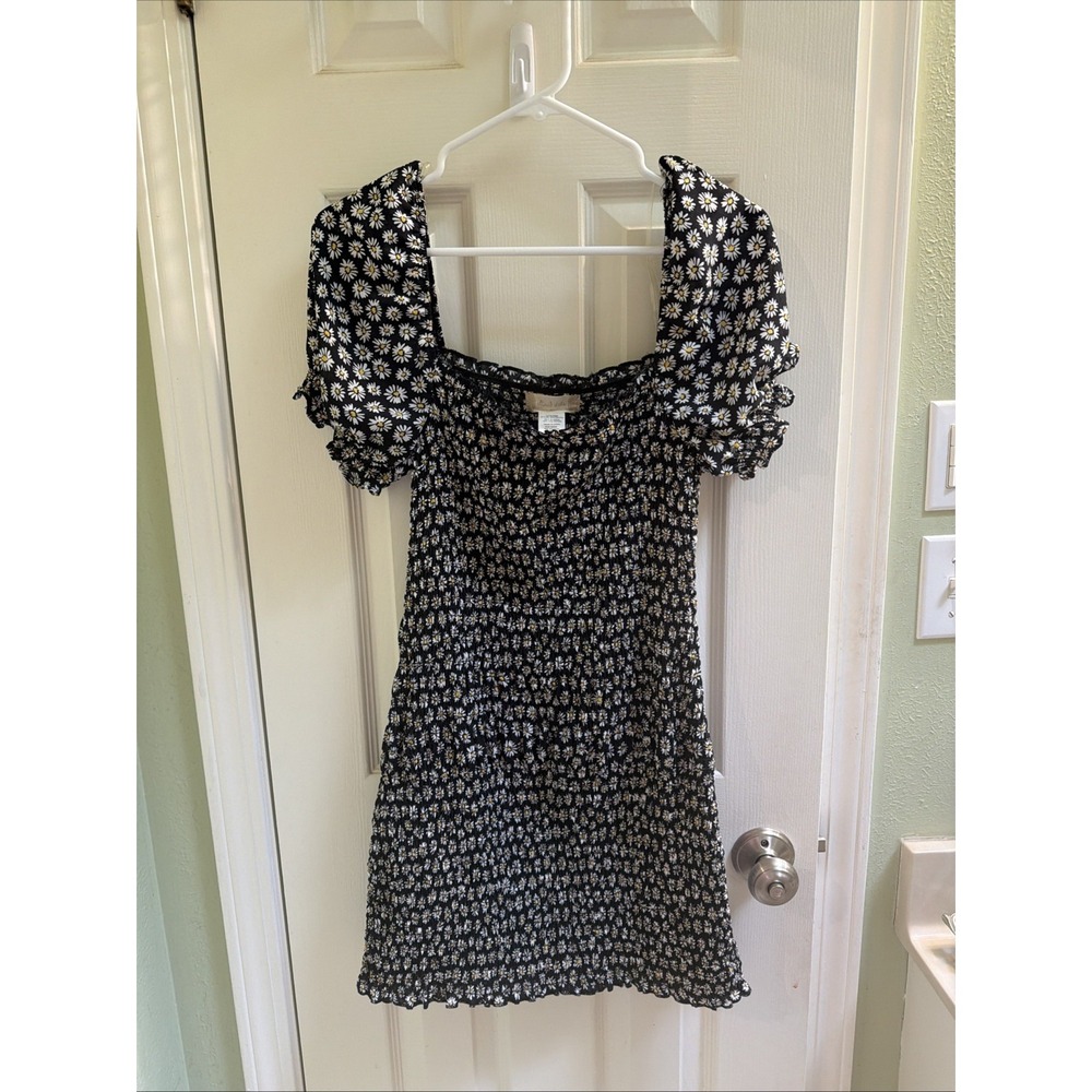 Altar'd State Ruched Sunflower Dress Sz L Puff Sleeve Y2K Vibes Black Mini